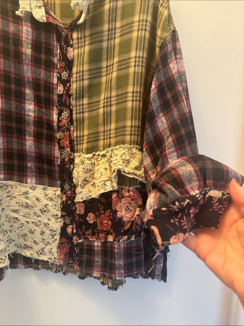 POL | Patchwork Plaid & Floral Jean Jacket in Olive, Burgundy, Cream Sz L - Picture 5 of 10